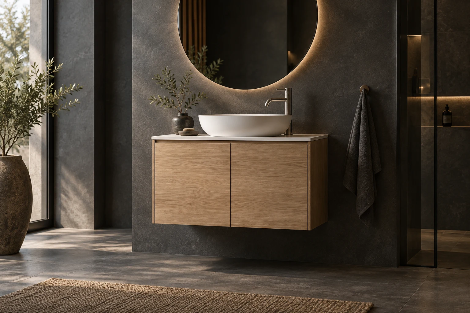 İki kapaklı meşe banyo dolabı, beyaz lavabo ve ince tezgâh