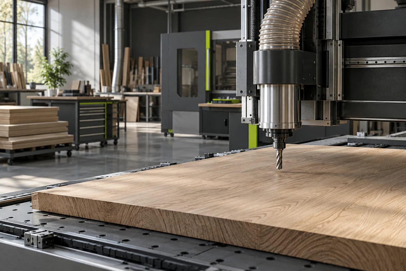 Panel mobilya üretimini temsil eden CNC işleme sahnesi, konsept görsel