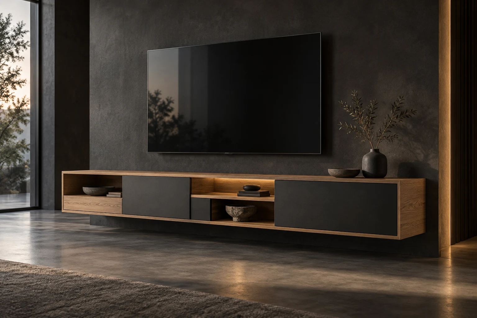 Meşe ve grafit yüzeylerle tasarlanmış alçak, modern TV ünitesi